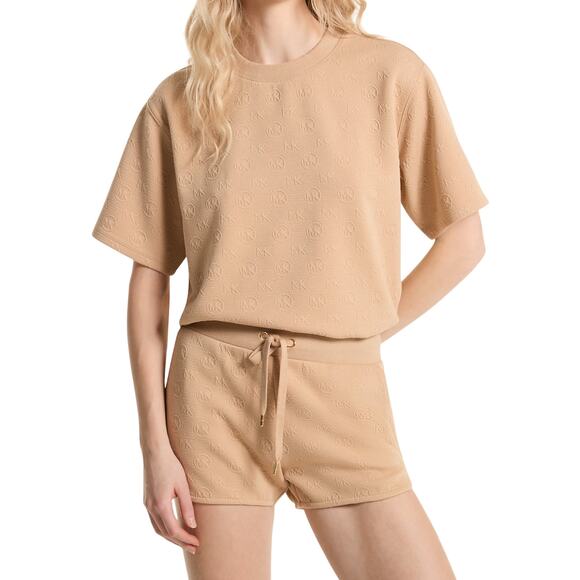 Michael Kors Logo Jacquard Knit Short-Sleeve Sweatshirt Top Buff Beige XL Nwt - Picture 1 of 2